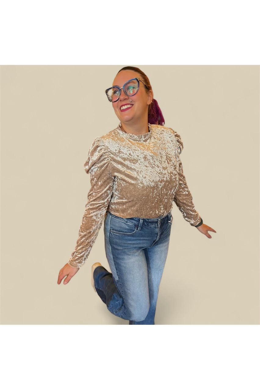 Velvet Detailed Collar Puffer Sleeve Cream Colored Top