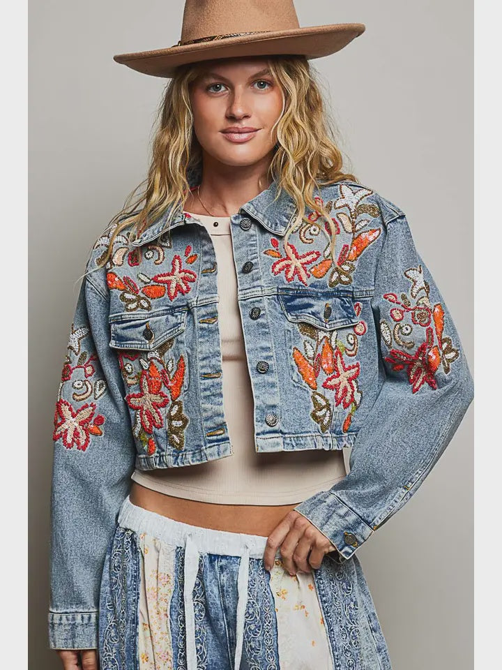 Beaded Embroidered Waist Tab Denim Jackets