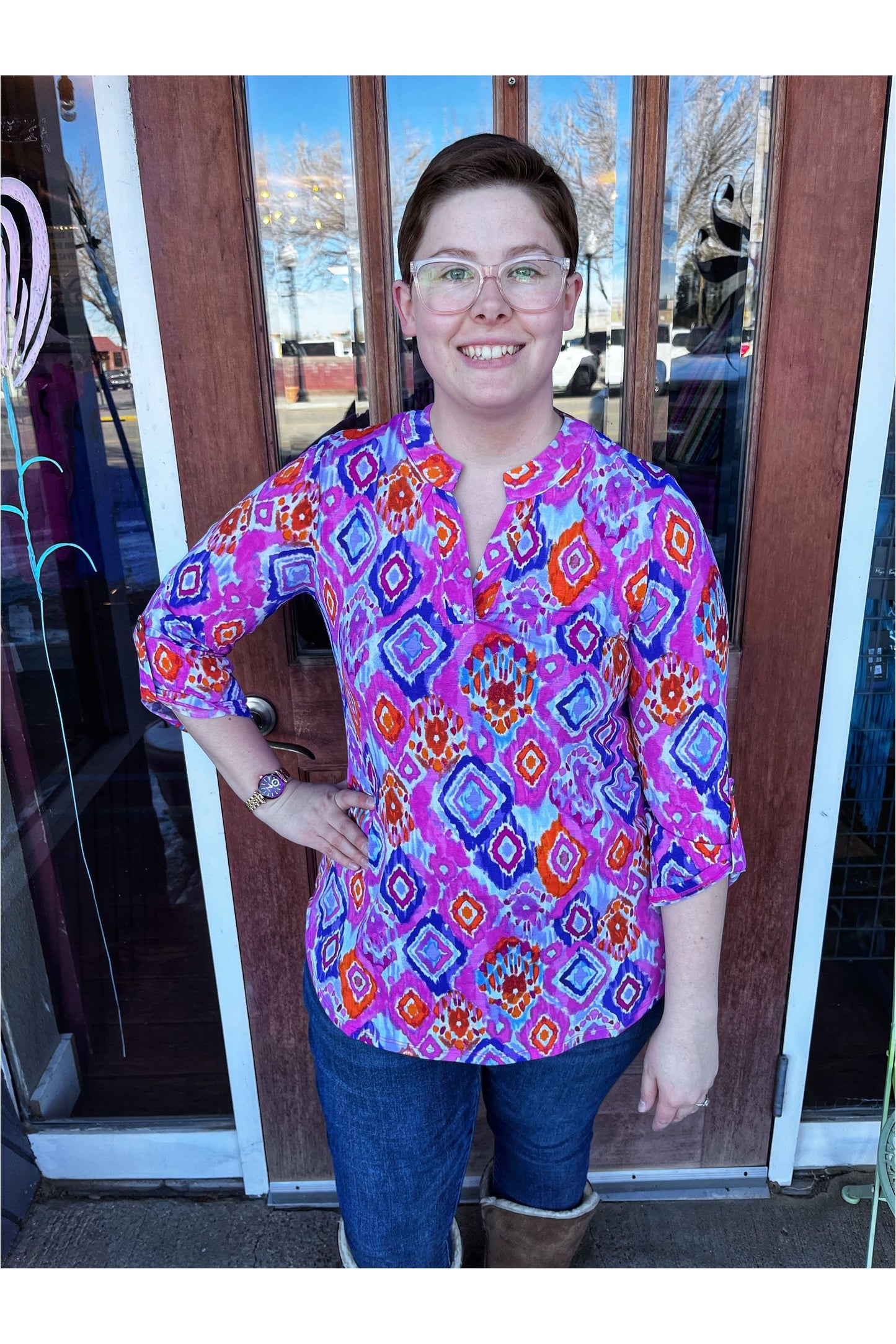 Dear Scarlett VNeck Purple Diamond Pattern Top