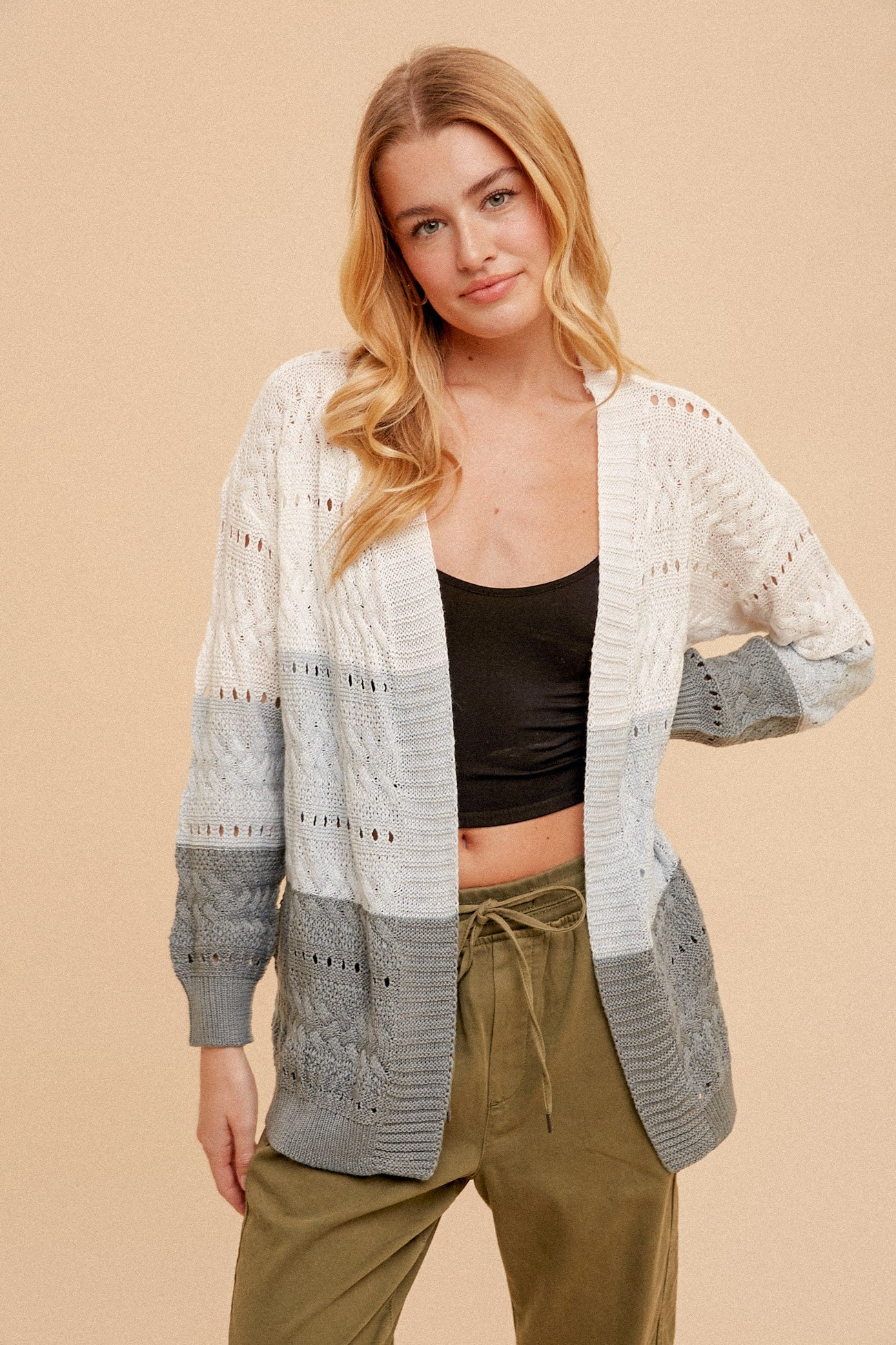 Drop Shoulder Pointelle Knit Duster Cardigan - blue