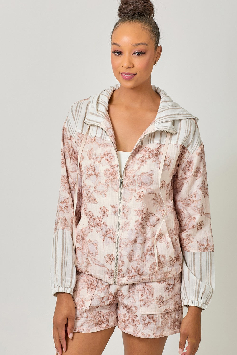 Printed Double Gauze Hoodie Jacket - cappuccino