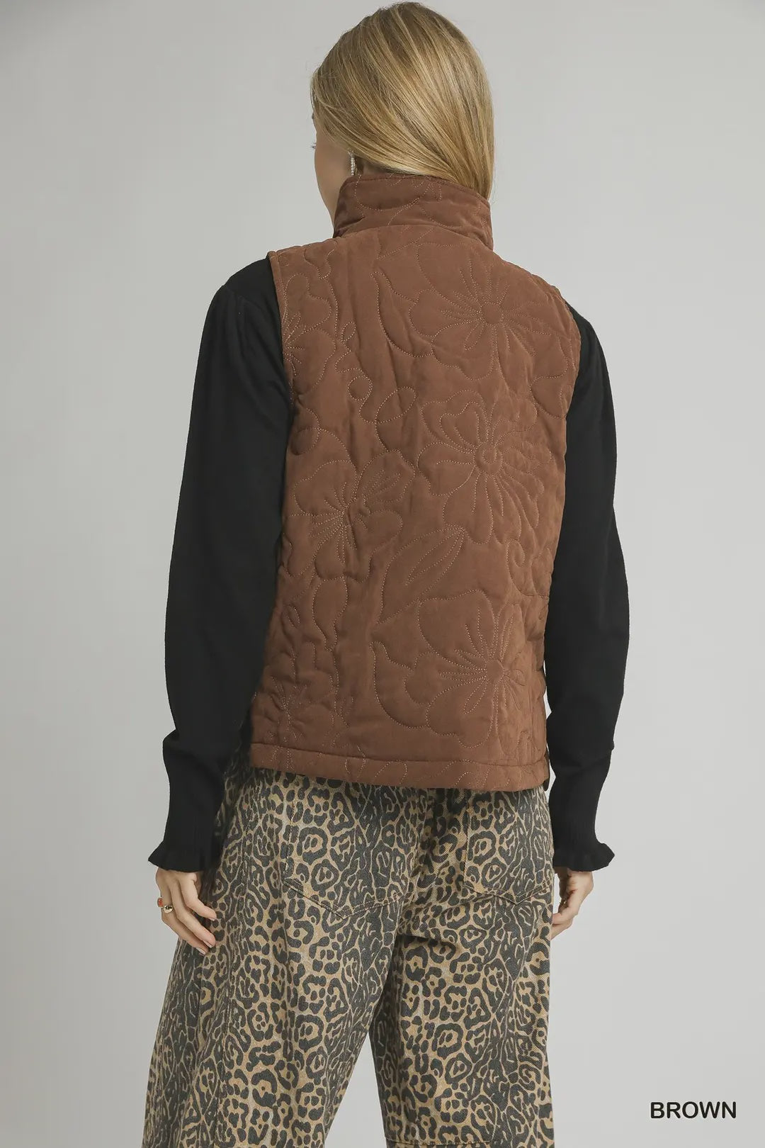 Quilted Floral Zip Vest - Brown