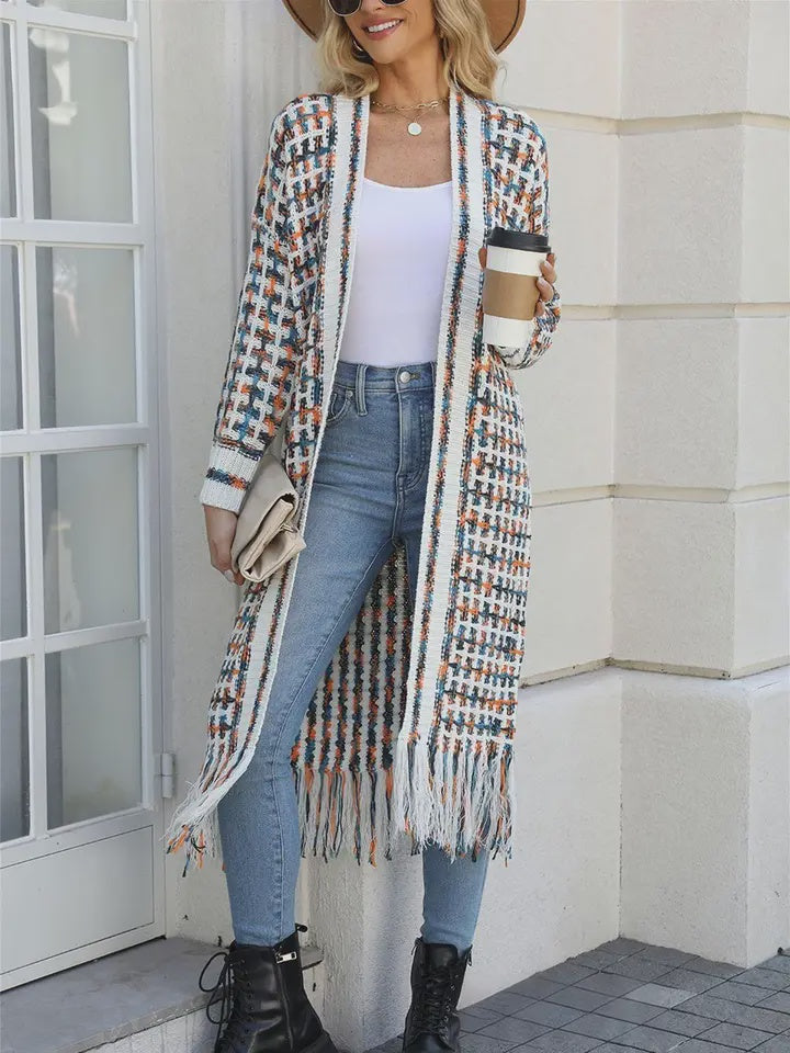 Fringe Knit Duster Cardigan Sweater - orange