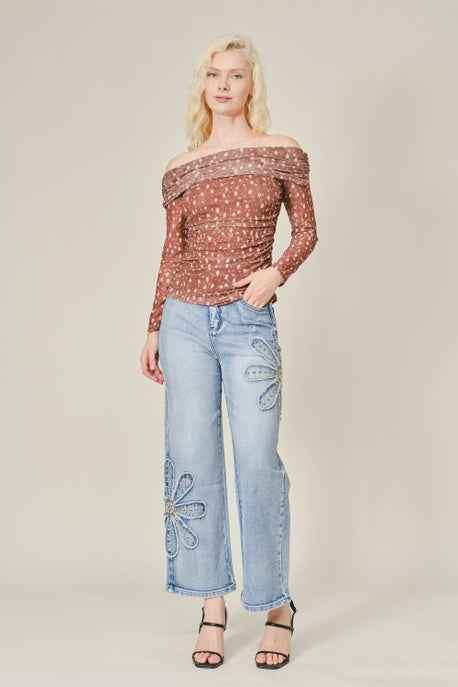 Studded Flower Patch Wide Leg Jean