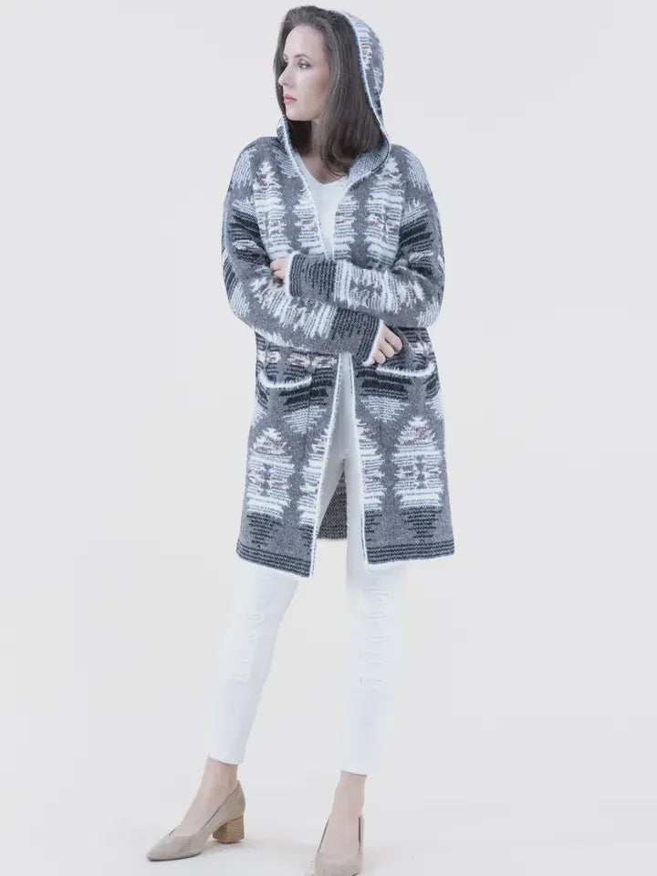 Casual Native Print Eyelash Duster Cardigan - Olive