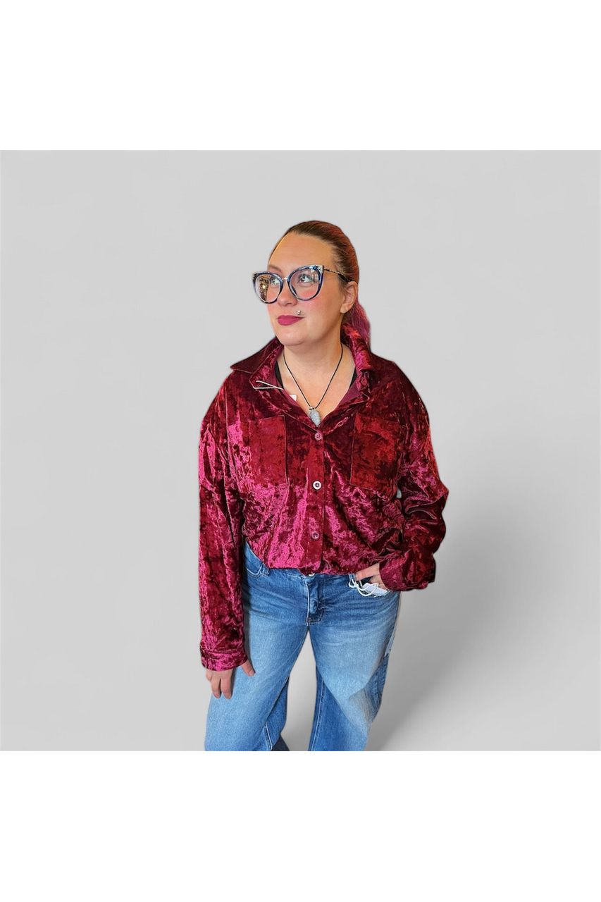 Velvet Wine-Red Button Up Top