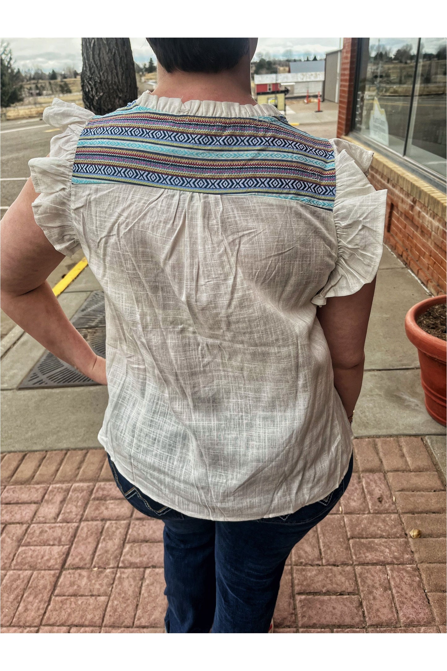 Umgee Ruffled Tank w/ Aztec Embroidery