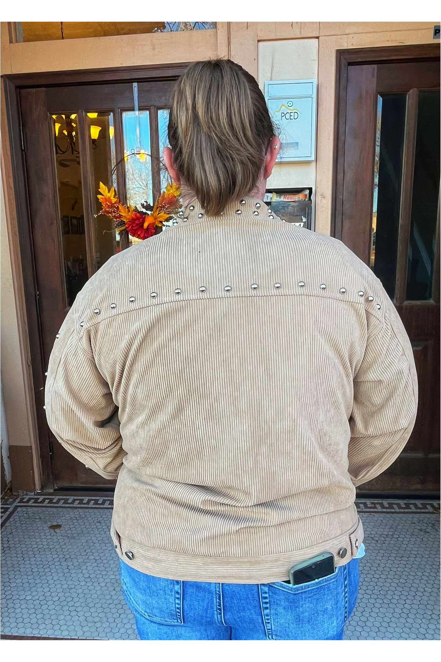 Corduroy jacket with silver beading