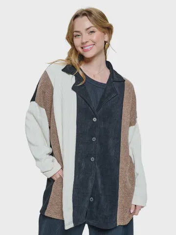 Jacket Cozy-Chic Patchwork Ribbed Colorblock Top