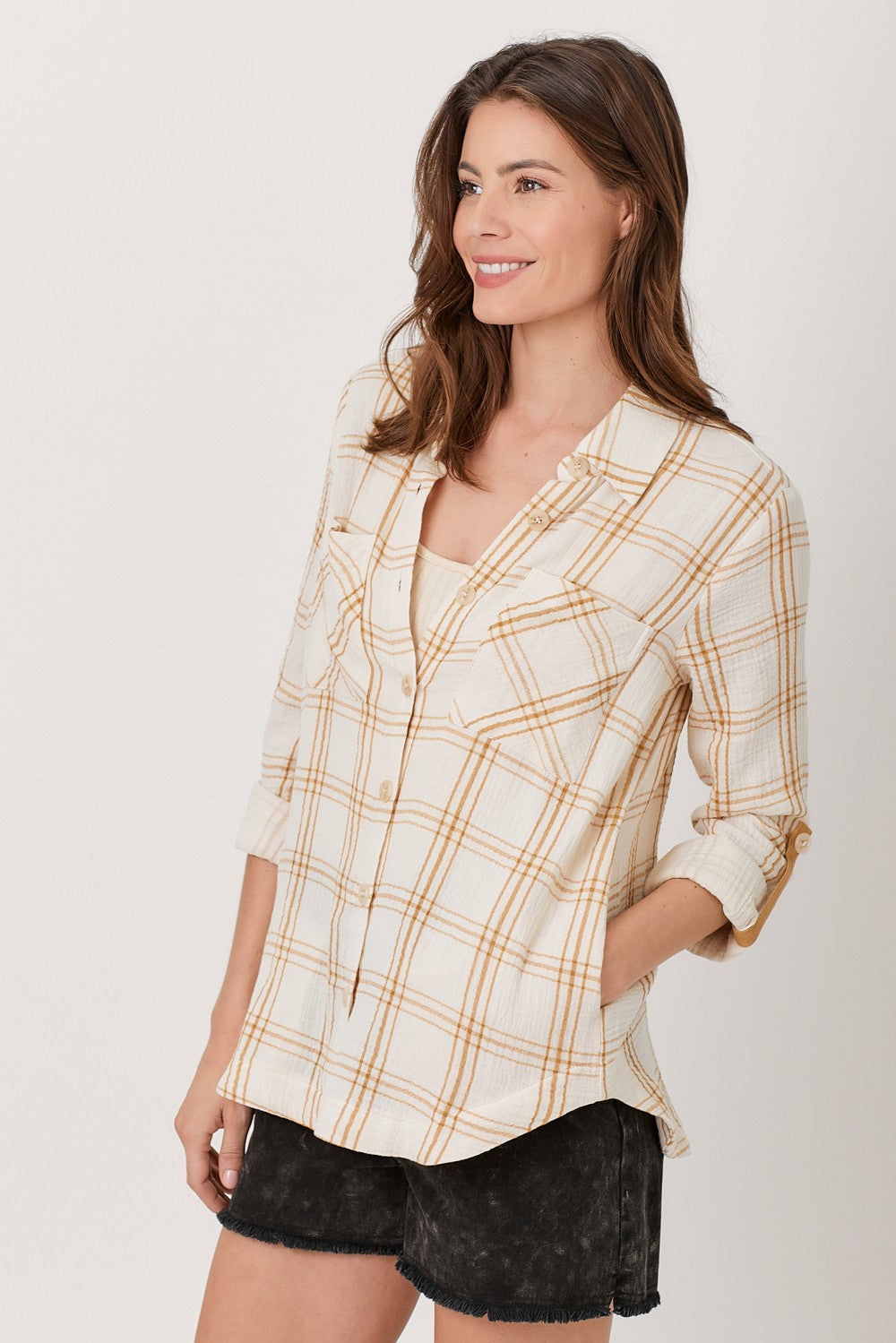 Double Gauze Plaid Top - Yellow/Ivory