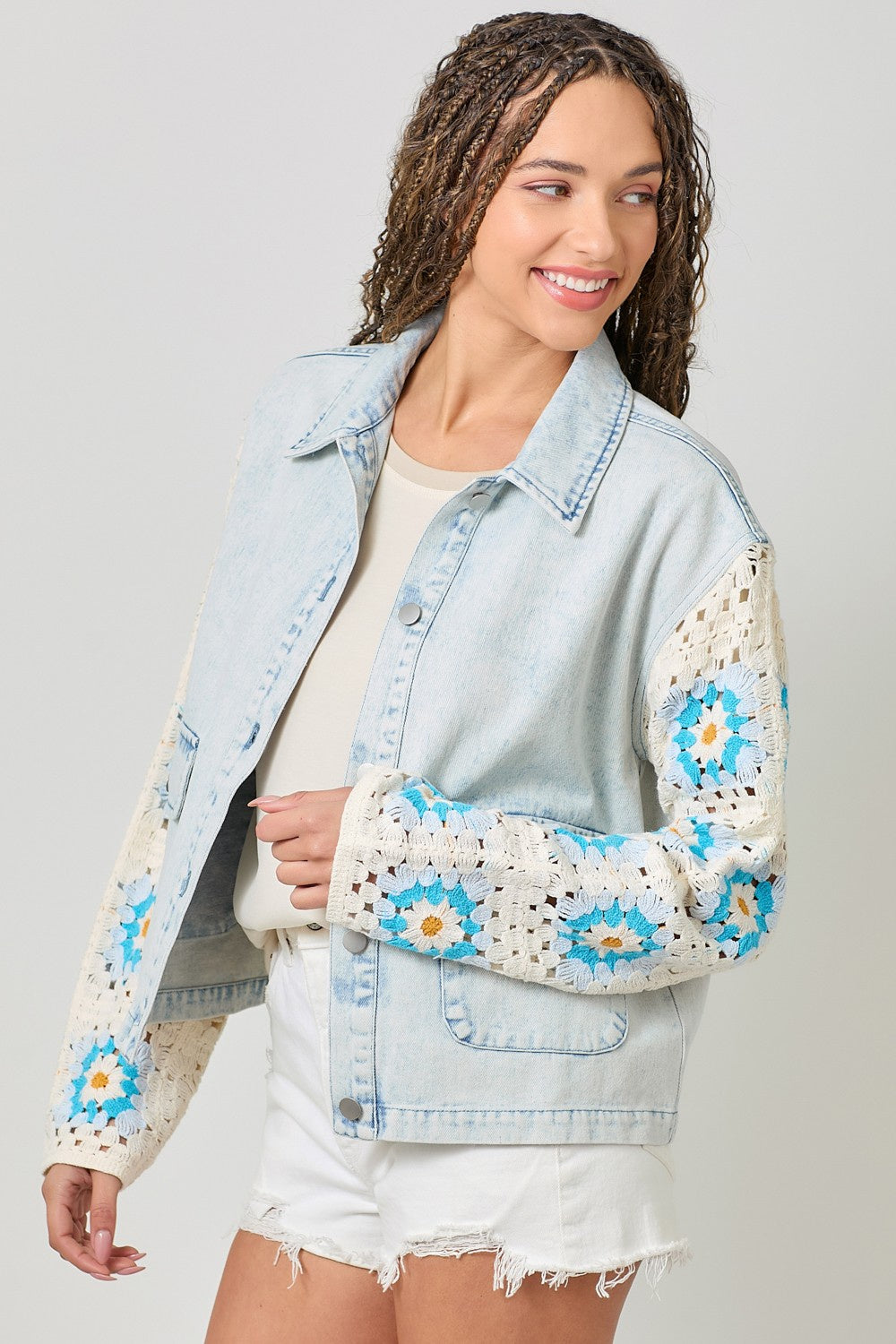 Crochet Sleeve Washed Denim Jacket - washed blue