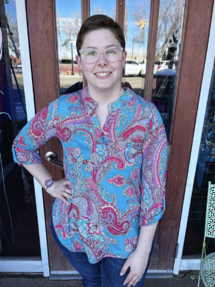 Dear Scarlet LS Banded Collar Top- Teal Paisley