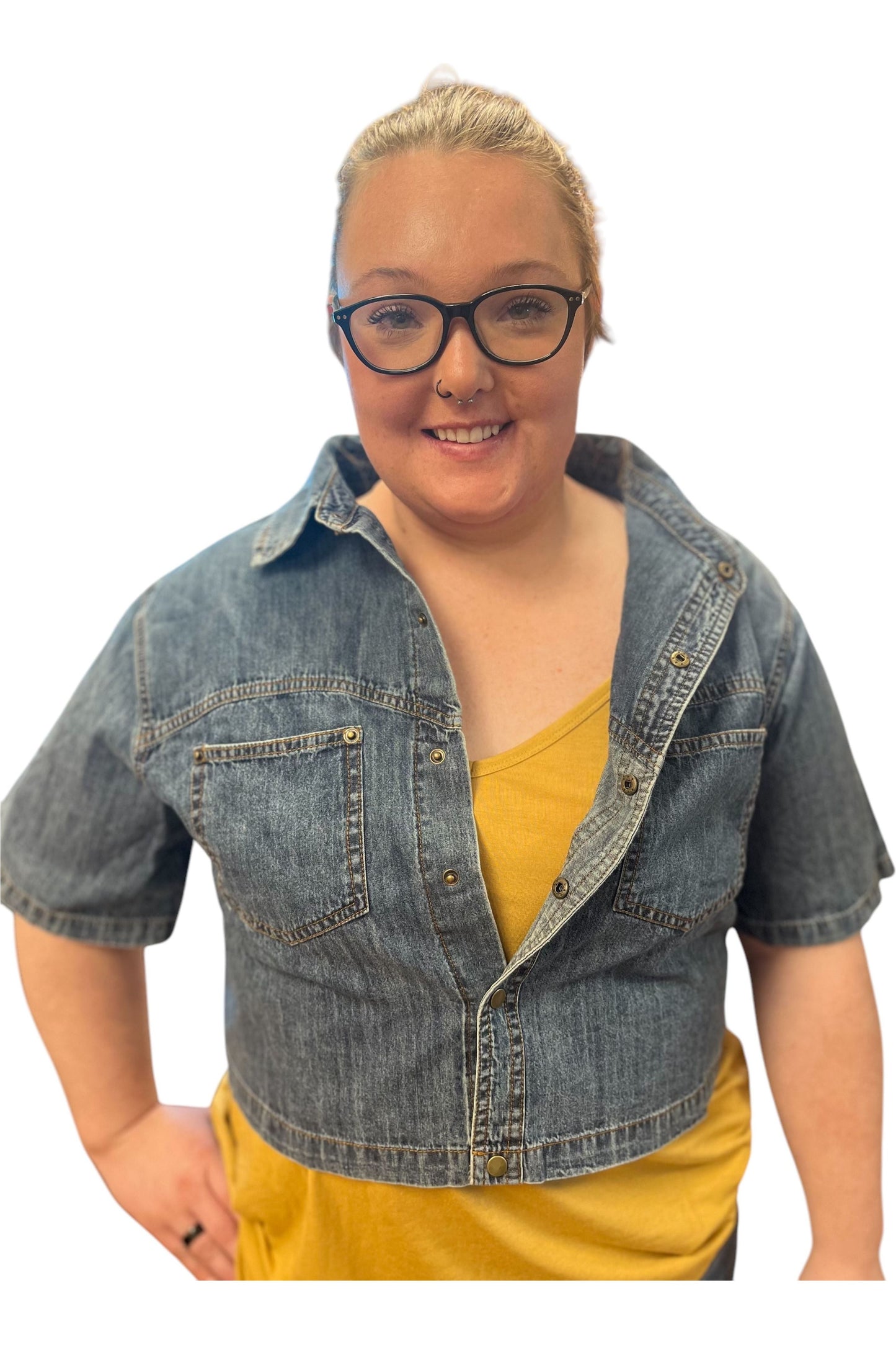Denim Cropped SS Button Top