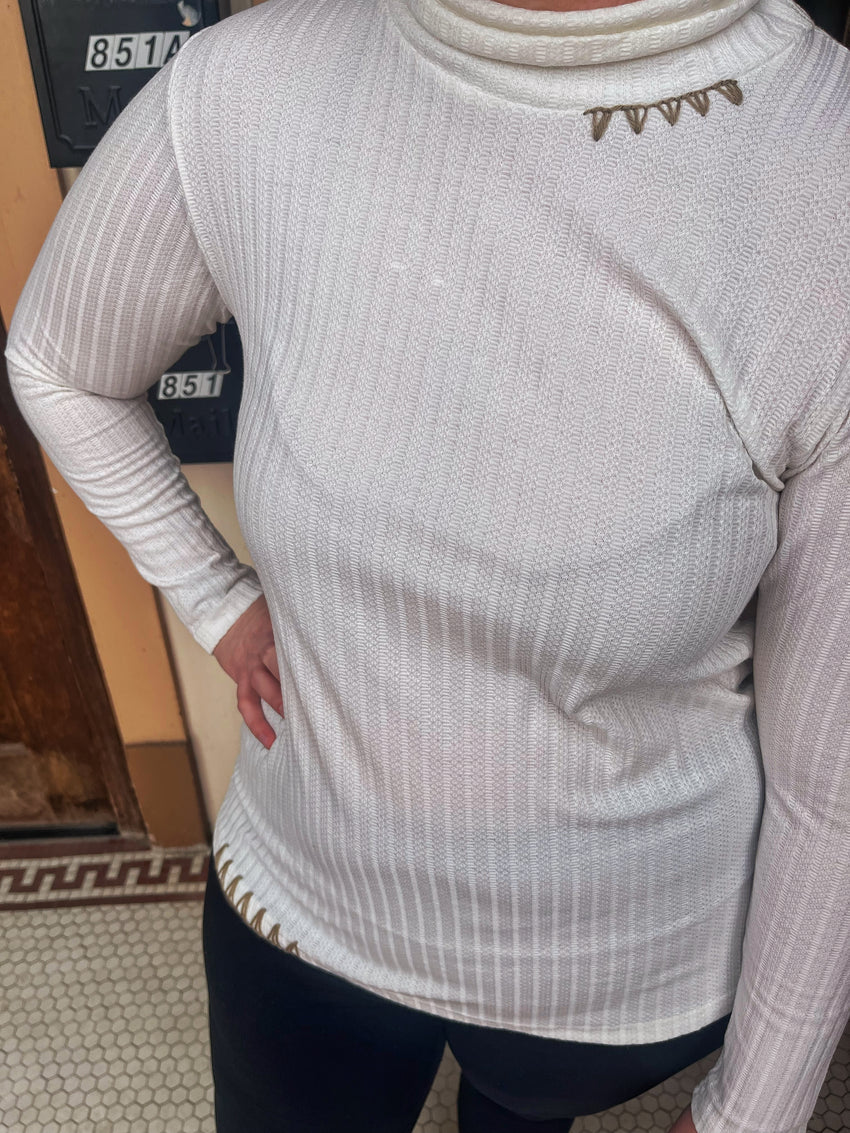 White Mock Neck With Embroidery