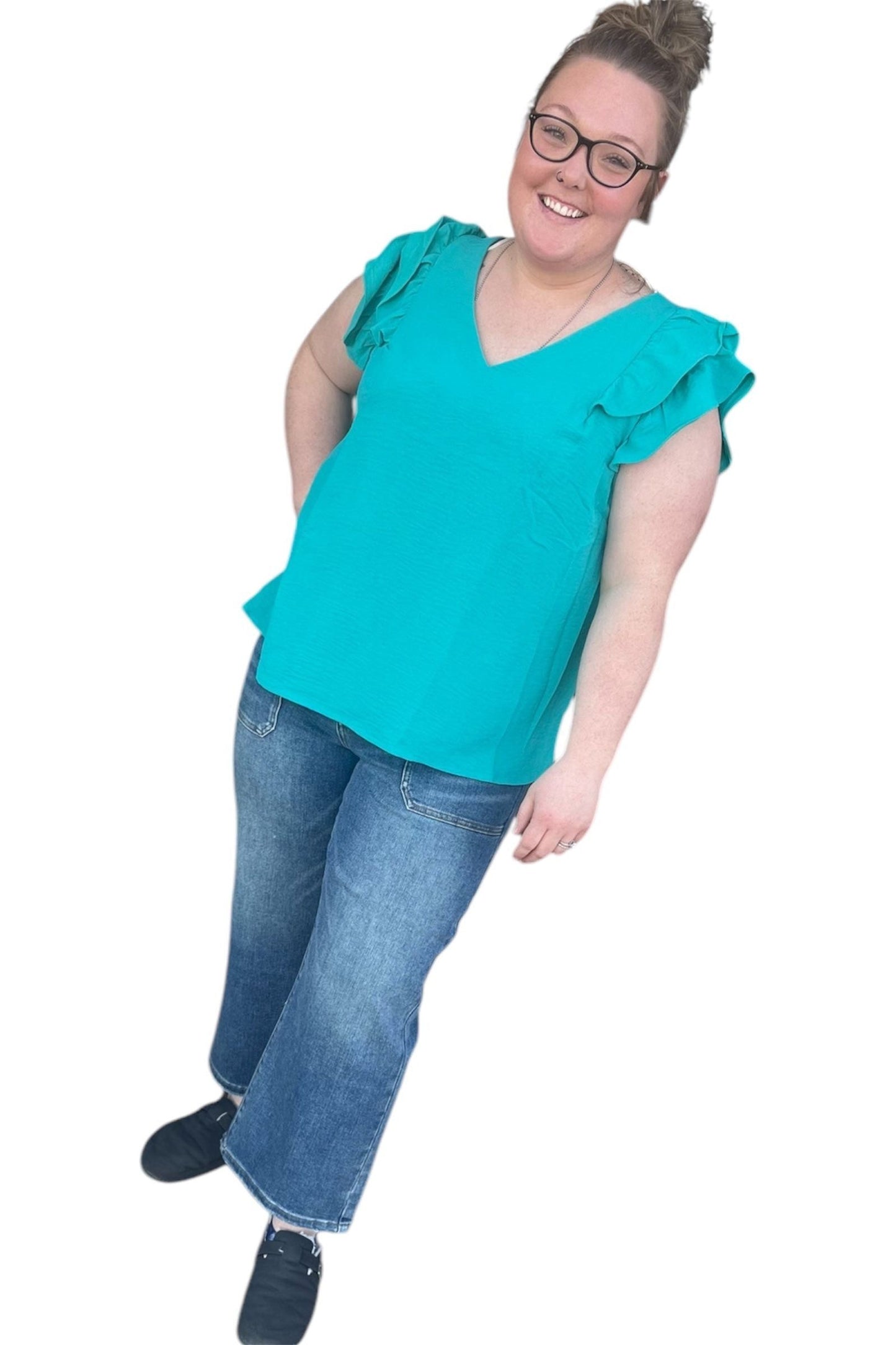 Womens Ruffle Sleeve Vneck Top in Jade