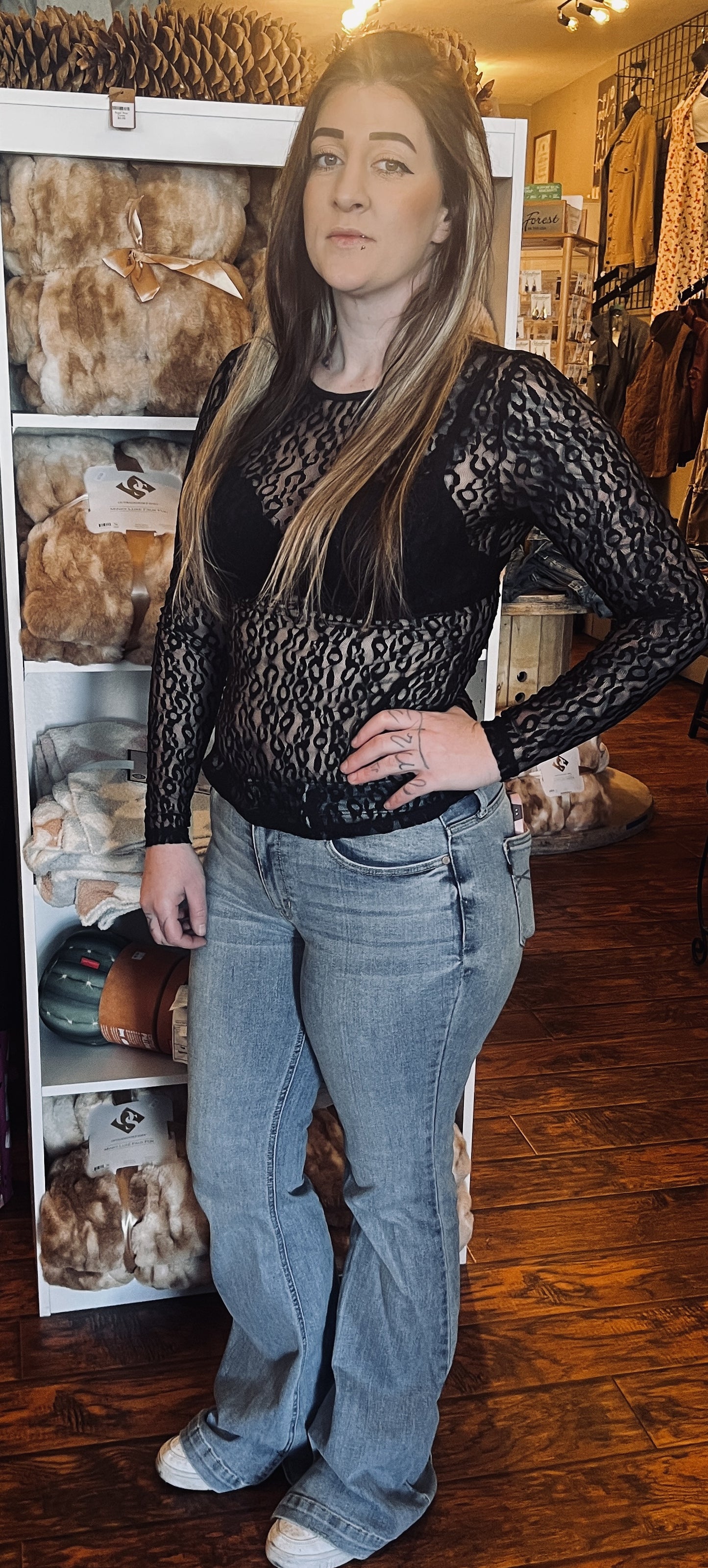 Leopard Pattern Sheer Mesh Long Sleeve Top