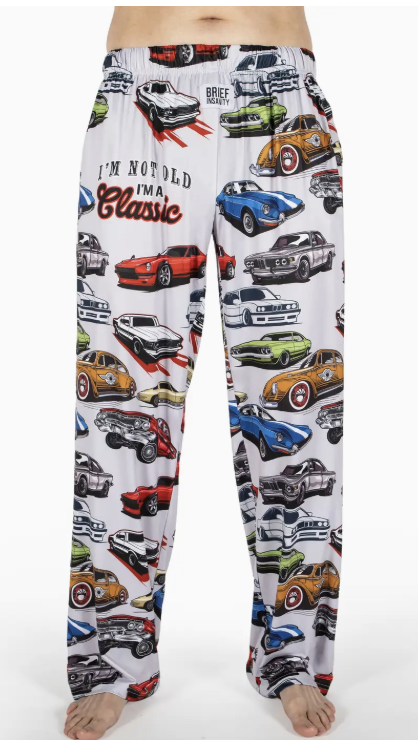 Pajama pants with classic car pattern on a white background