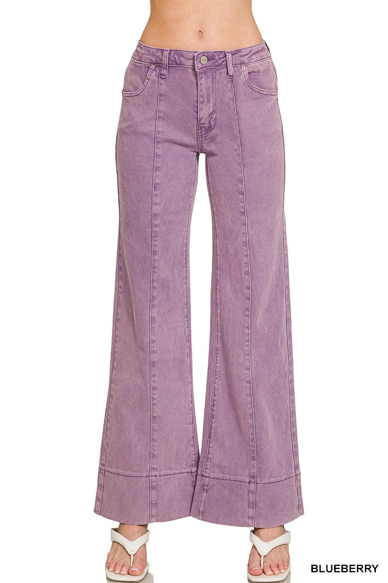 ZMid rise wide leg color denim pants - Blueberry