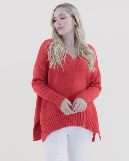 V-Neck Sweater Ribbed Hem - Red-SALE