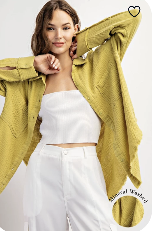 Cotton Gauze LS Lime Button Top-MAX