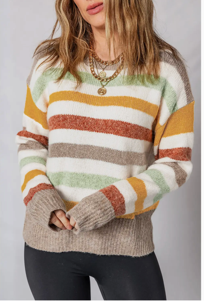 Stripe Crewneck Drop Shoulder Sweater