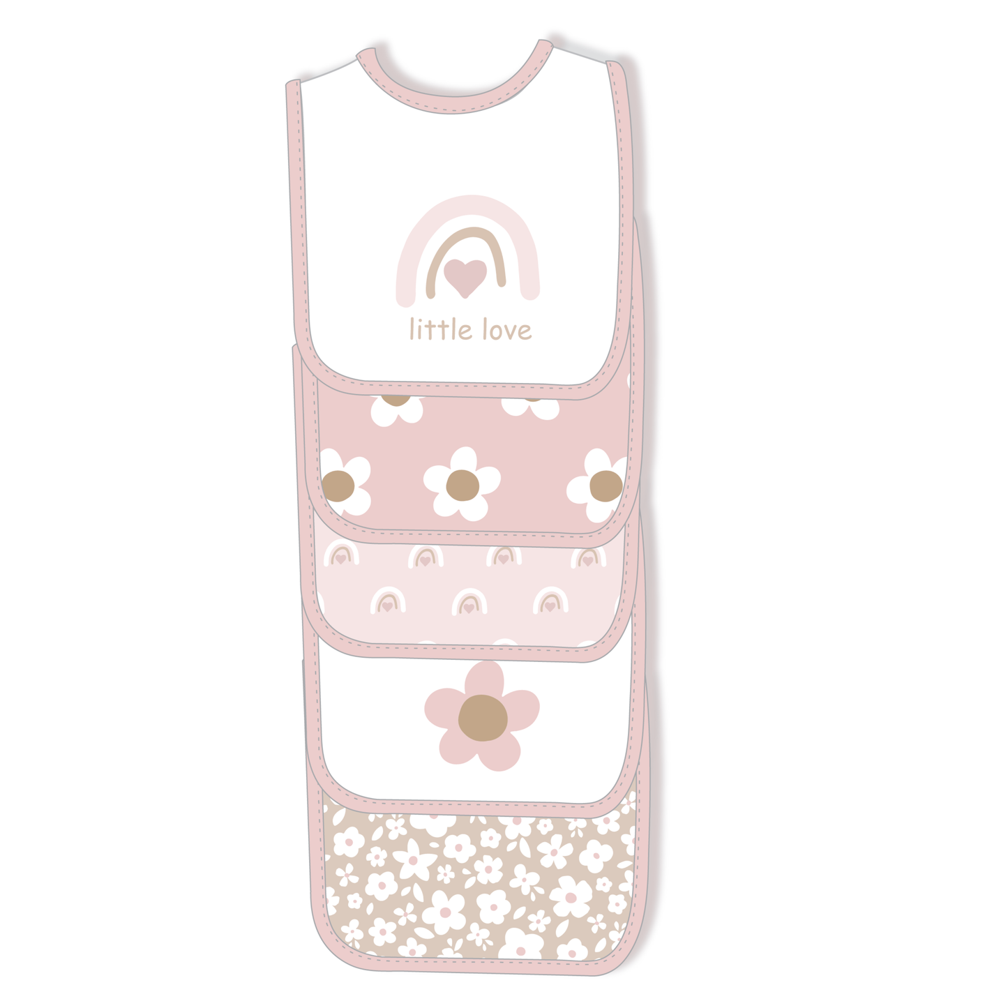 Baby bib with floral patterns and 'little love' text on a white background