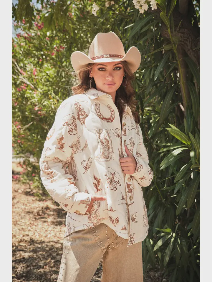 Western Printed Quilted Shacket - Taupe