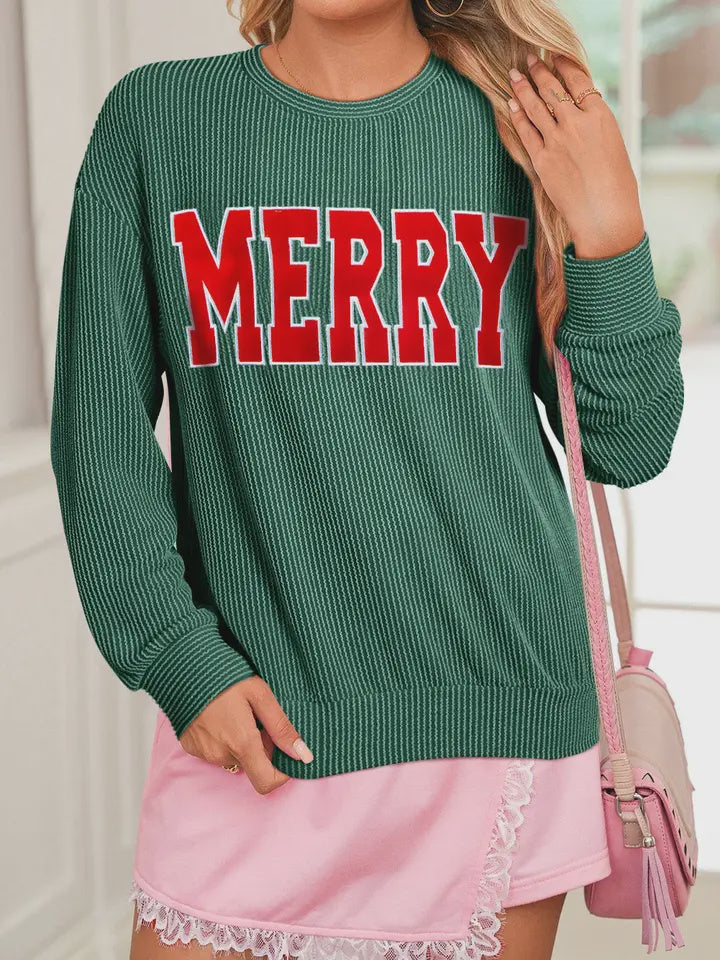 Corduroy Merry letter Pullover sweatshirt - Green