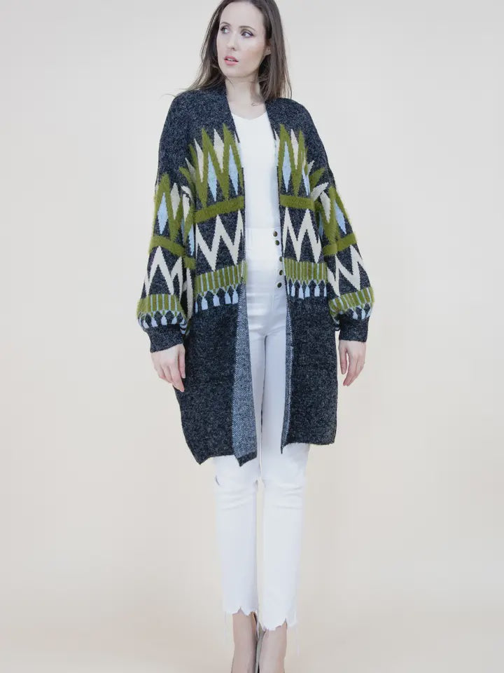 Zig Zag Pattern Bishop Sleeve Cardigan-Black