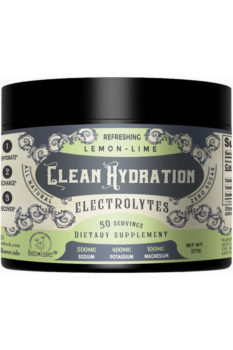 A container of Clean Hydration Electrolytes with lemon-lime flavor, highlighting 50 servings of a dietary supplement with 400mg potassium and 100mg magnesium.