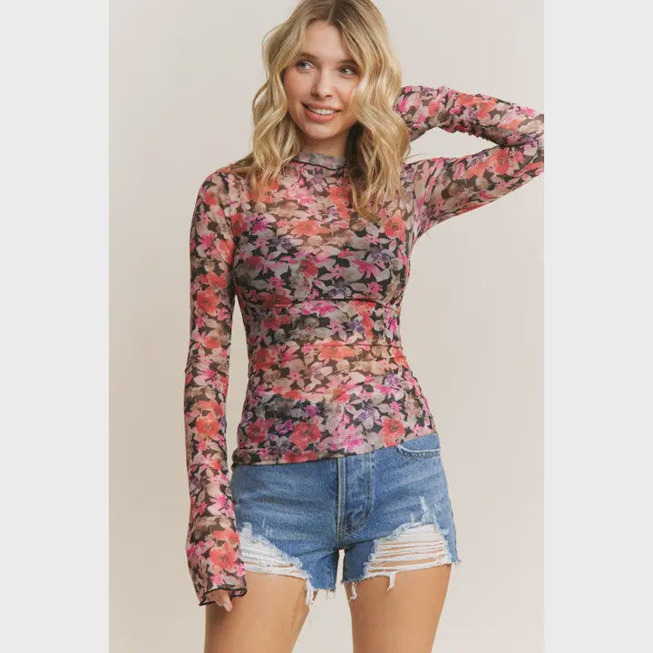 Floral Print Mesh High Neck Design Long Sleeve Fitted T - pink