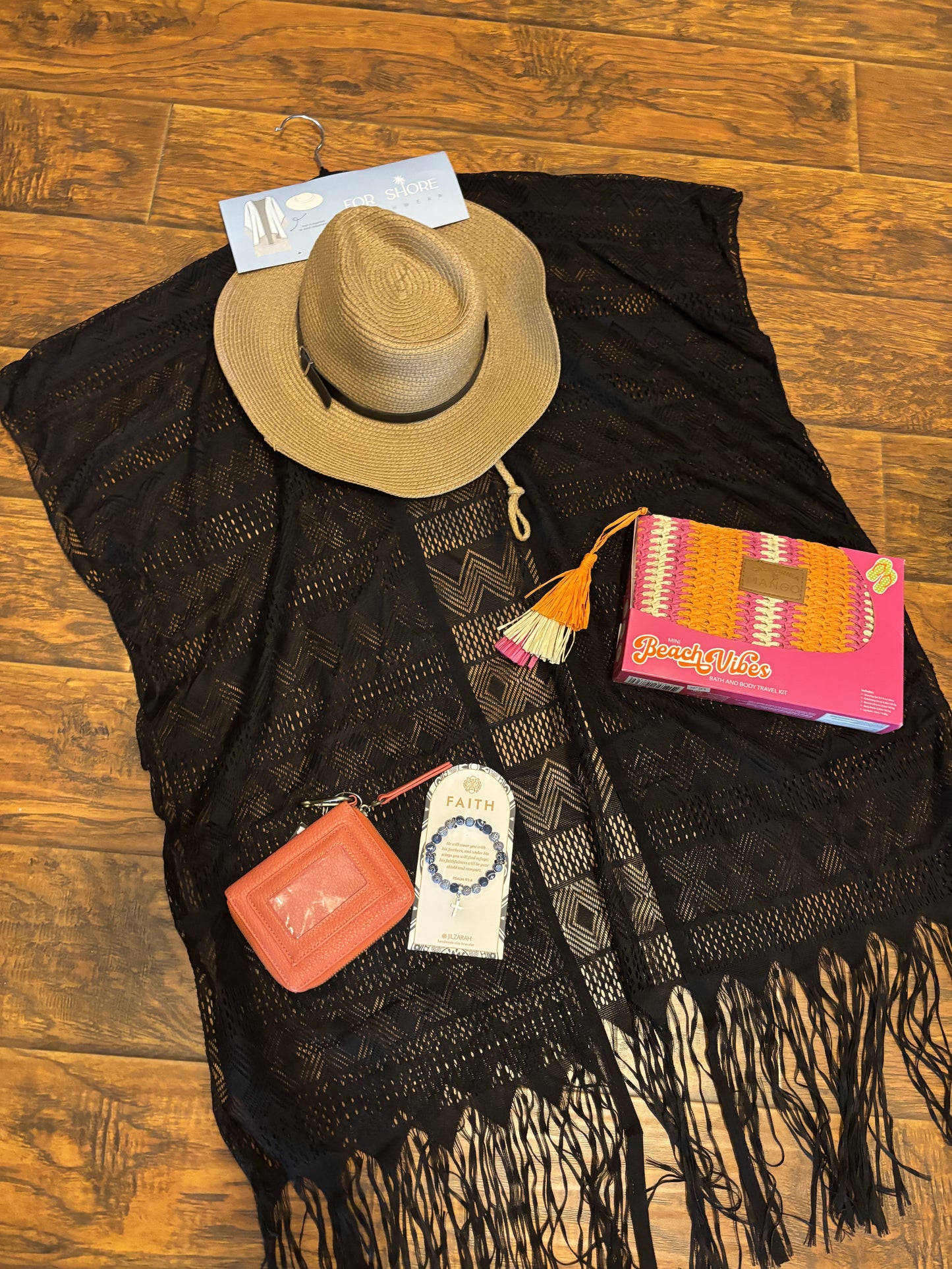 For Shore women's fringe cover up w/straw hat set