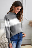 Color Block High Neck Lantern Sleeve Pullover Sweater-Online Only