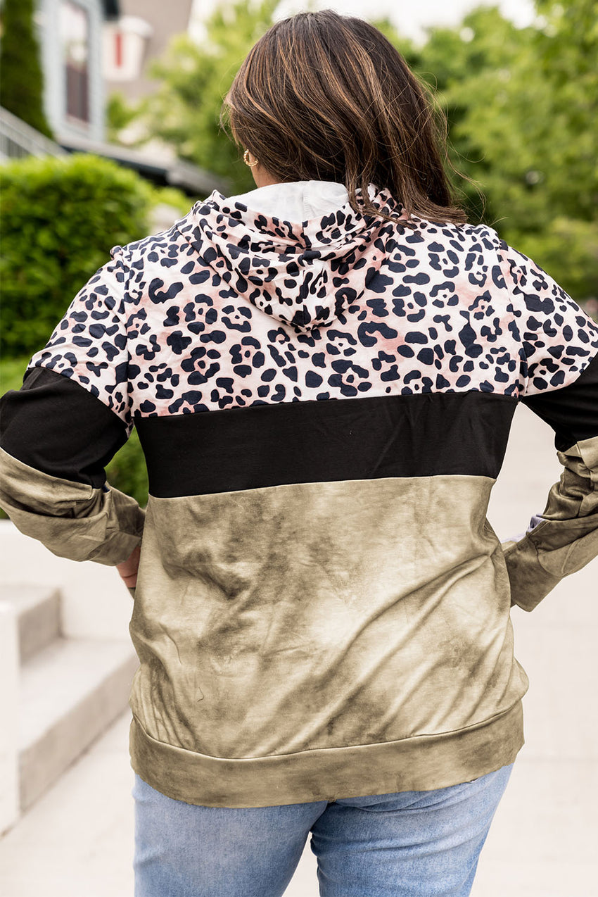 Plus Size Leopard Print Color Block Hoodie with Kangaroo Pocket- Online Only