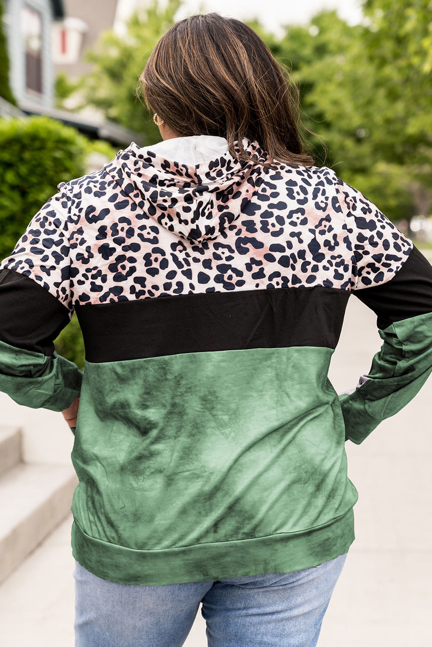 Plus Size Leopard Print Color Block Hoodie with Kangaroo Pocket- Online Only