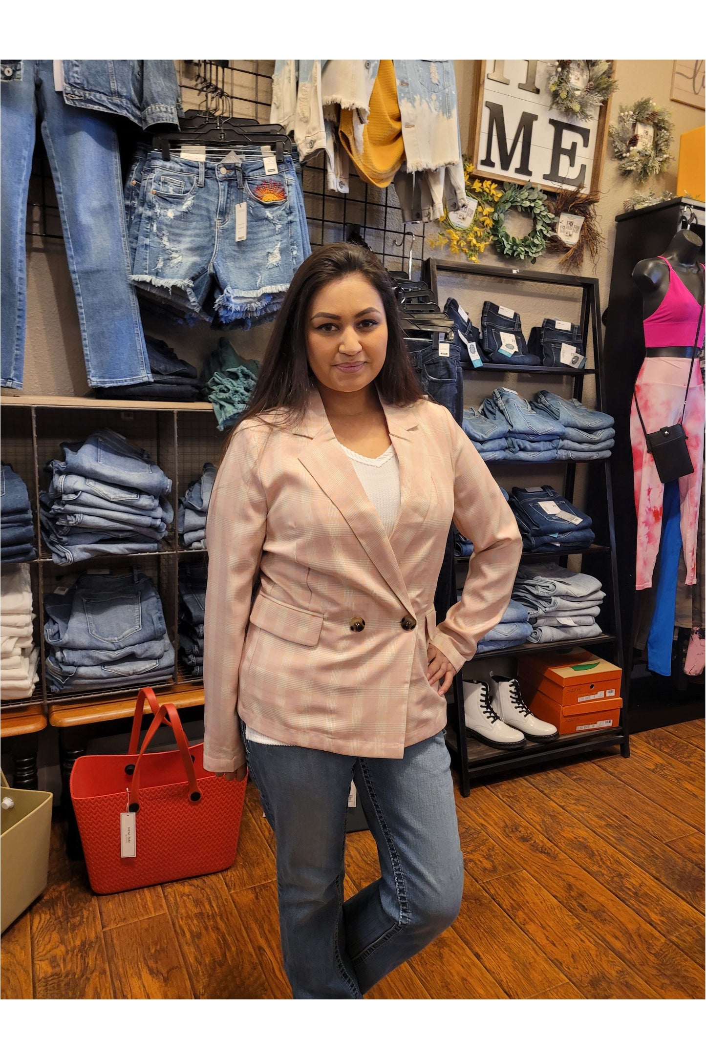 pink plaid blazer