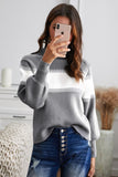 Color Block High Neck Lantern Sleeve Pullover Sweater-Online Only