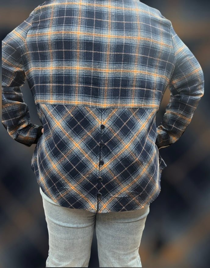 Blue & Orange Back Detailed Flannel Top