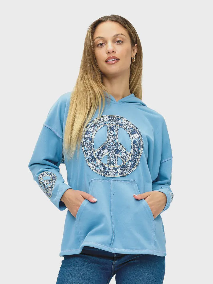 Hoodie Boho Peace Sign Patch - Sky Blue