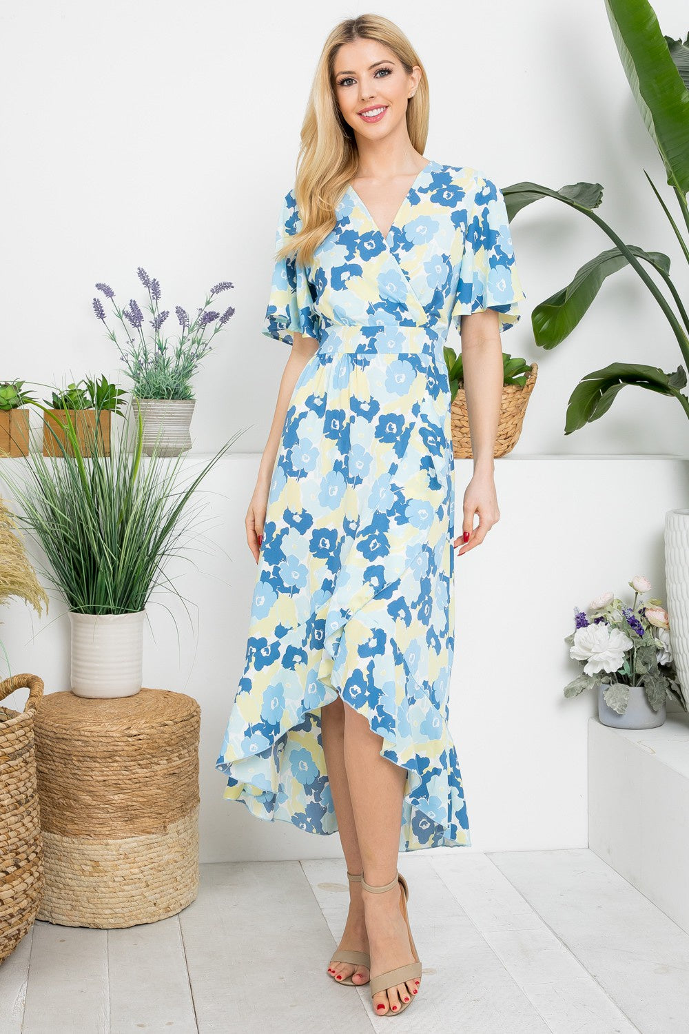 FLORAL PRINT WRAP STYLE DRESS  - blue floral