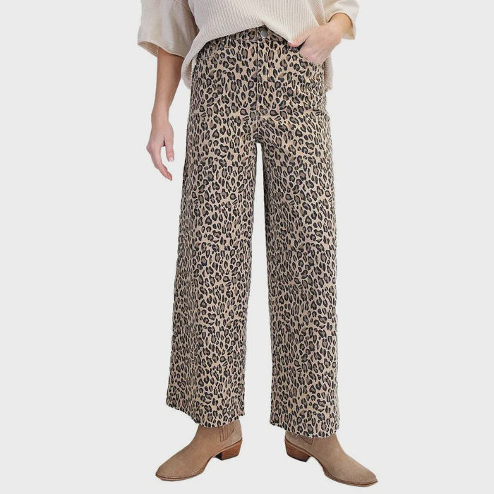 Leopard print washed wide leg pant