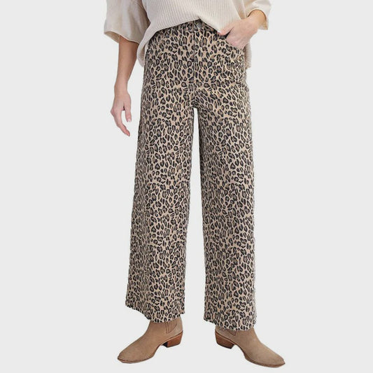 Leopard print washed wide leg pant