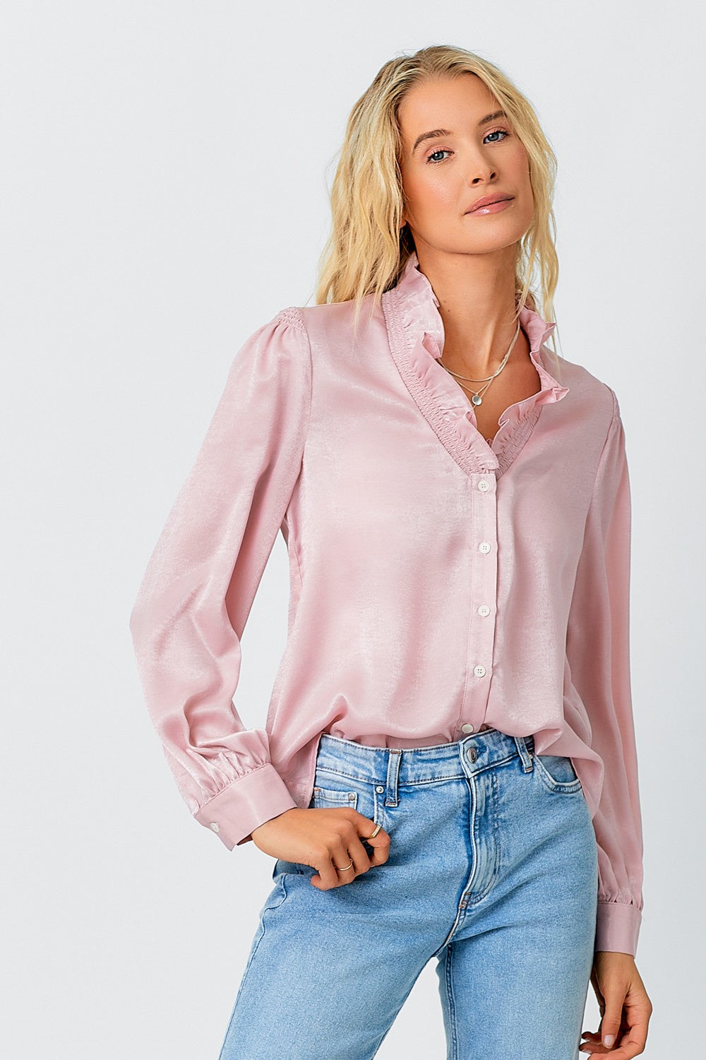 High Neck Ruffled Collar Blouse - Rose