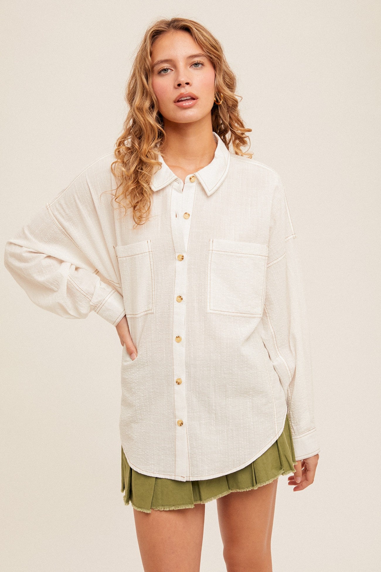 Oversized Fit Curved Hem Button Down Shirt - ecru
