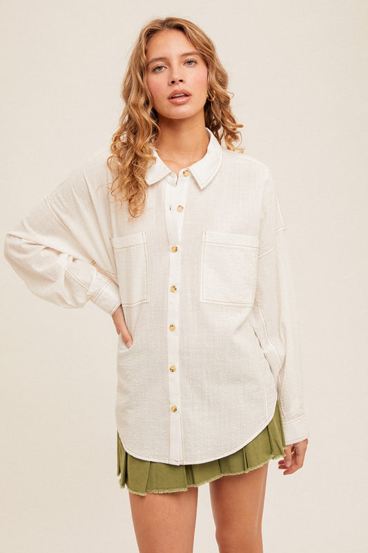 Oversized Fit Curved Hem Button Down Shirt - ecru