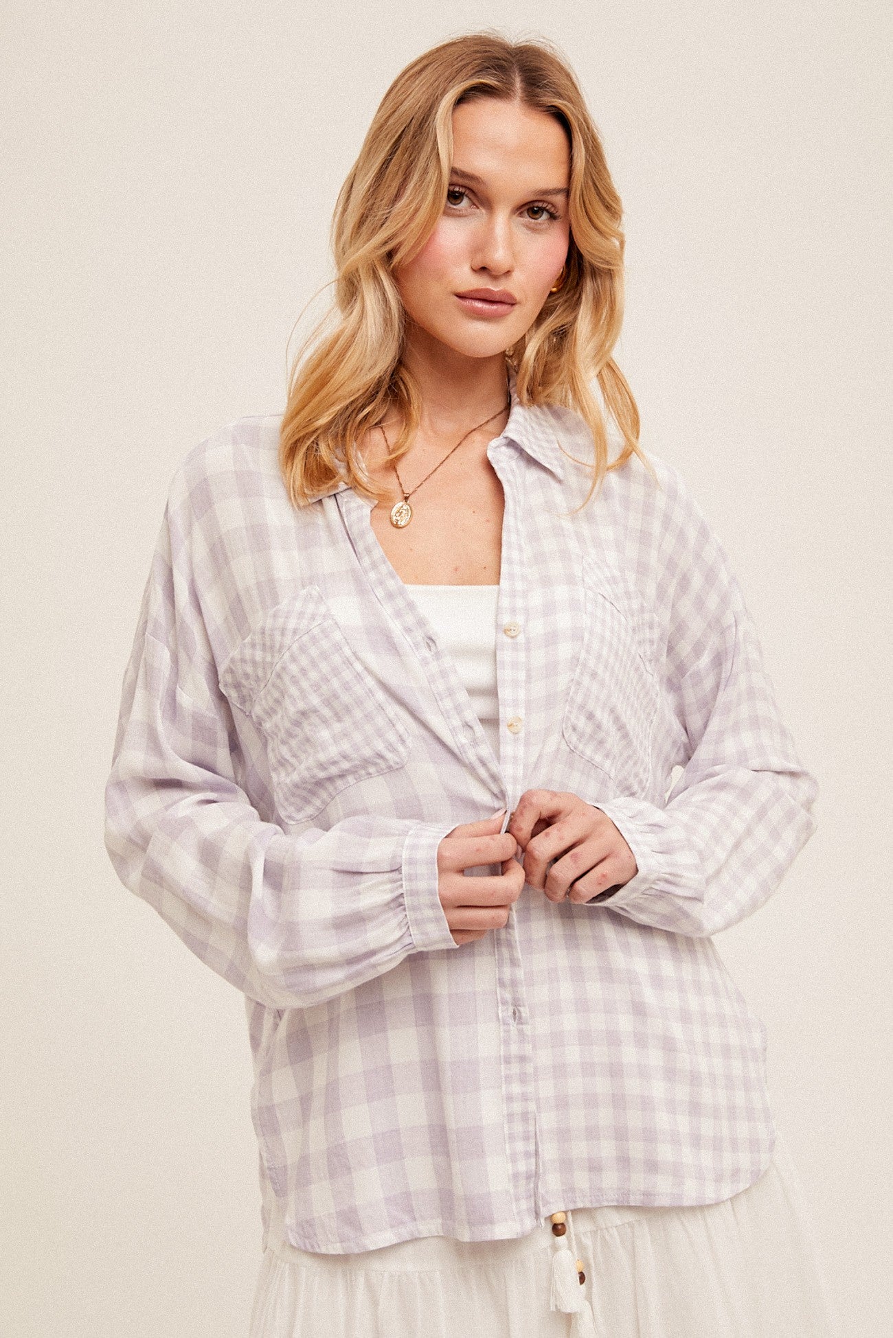Oversized Button Down Plaid Shirt With Slit - Lavender
