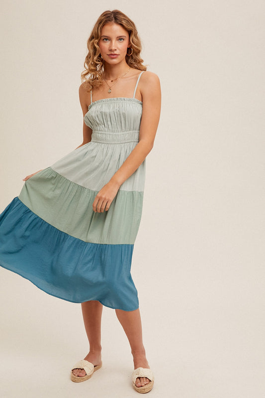 Ruche Texture Woven Cami Midi Dress -pool blue