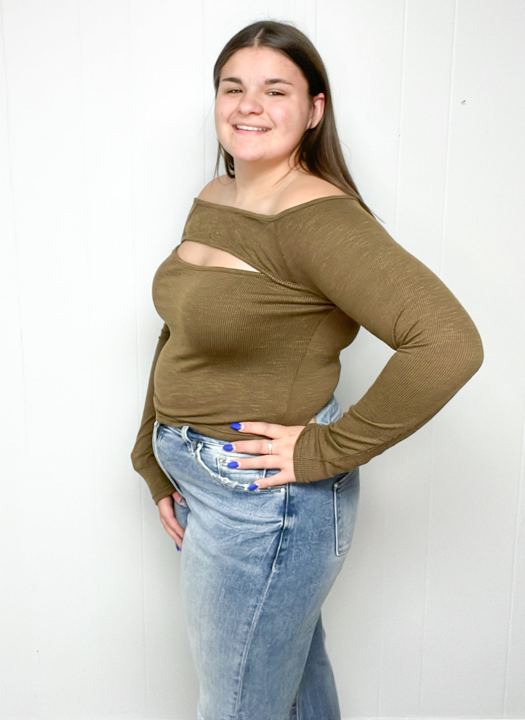 Cropped Cut out Long Sleeve Ribbed top - Chocolate