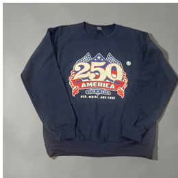 Navy blue sweatshirt with colorful graphic design on a gray background