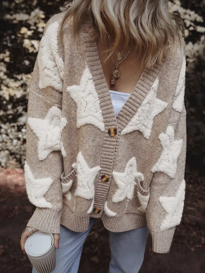 Khaki Sherpa Star Pattern Textured Cardigan with Pockets